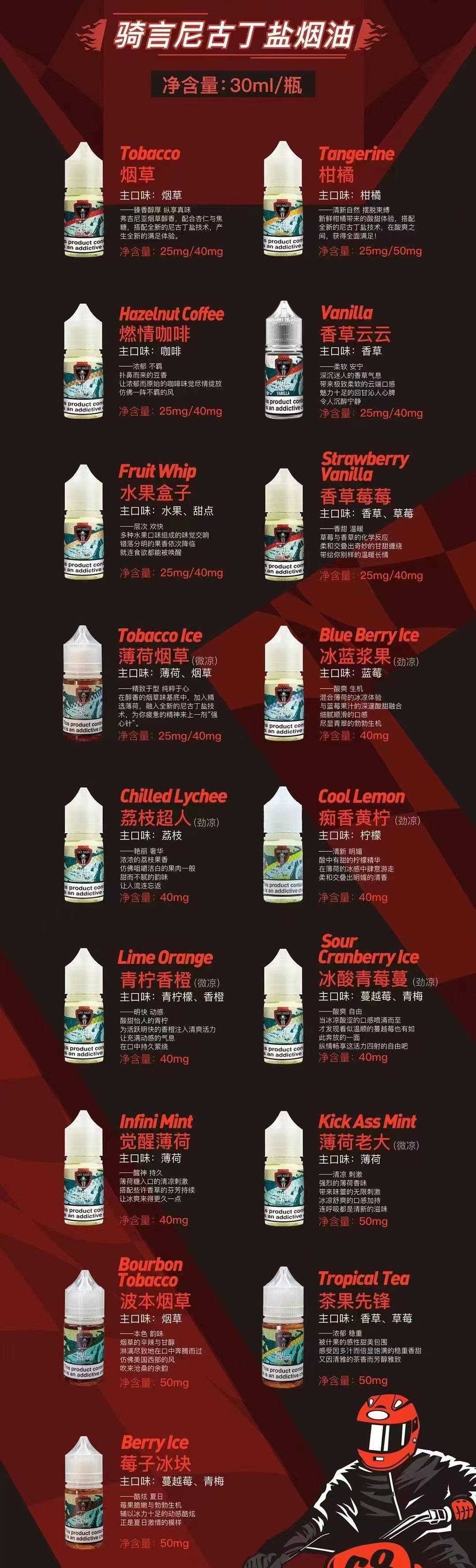 摩托车系列：骑魂 & 骑言  【丁盐小烟油】 有哪些口味？价格是多少